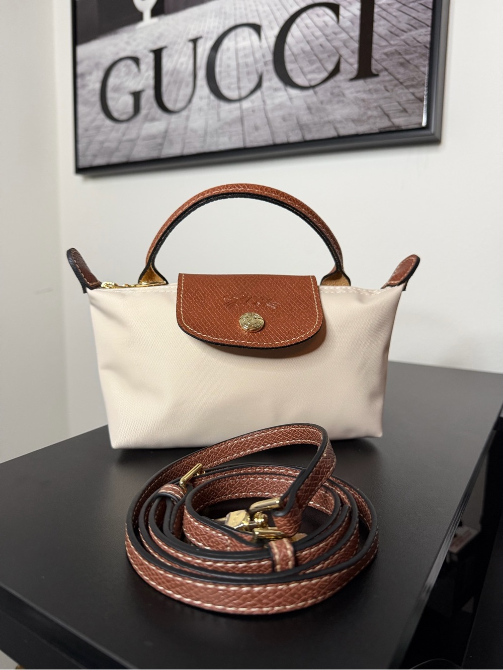Longchamp Cream and Brown Top-Handle Crossbody Bag